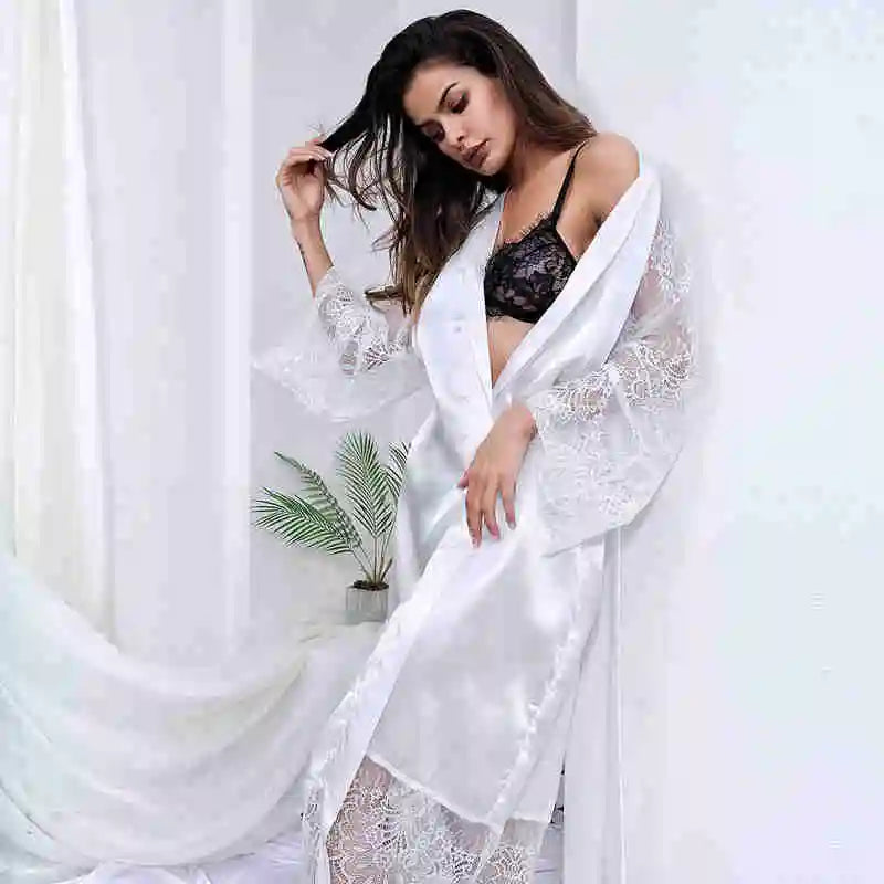 Bata de dormir Sexy para mujer, albornoces de encaje, kimono, ropa de dormir para dama de honor, medio sin mangas