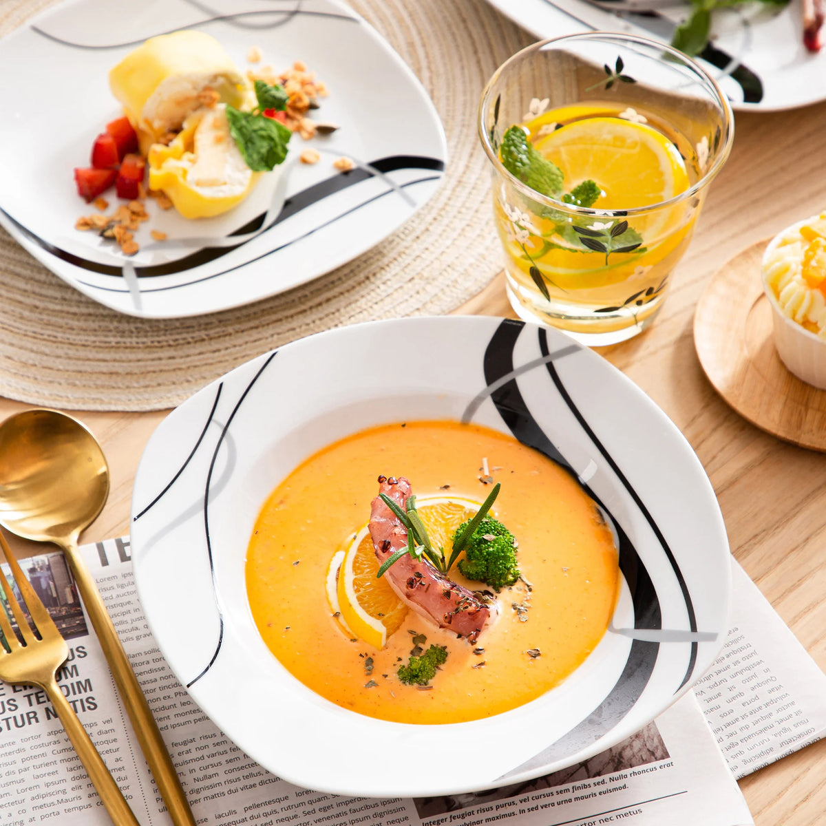 VEWEET FIONA-vajilla de cerámica de línea negra, juego de platos de cocina con plato de cena, postre, plato de sopa, 18/36 piezas