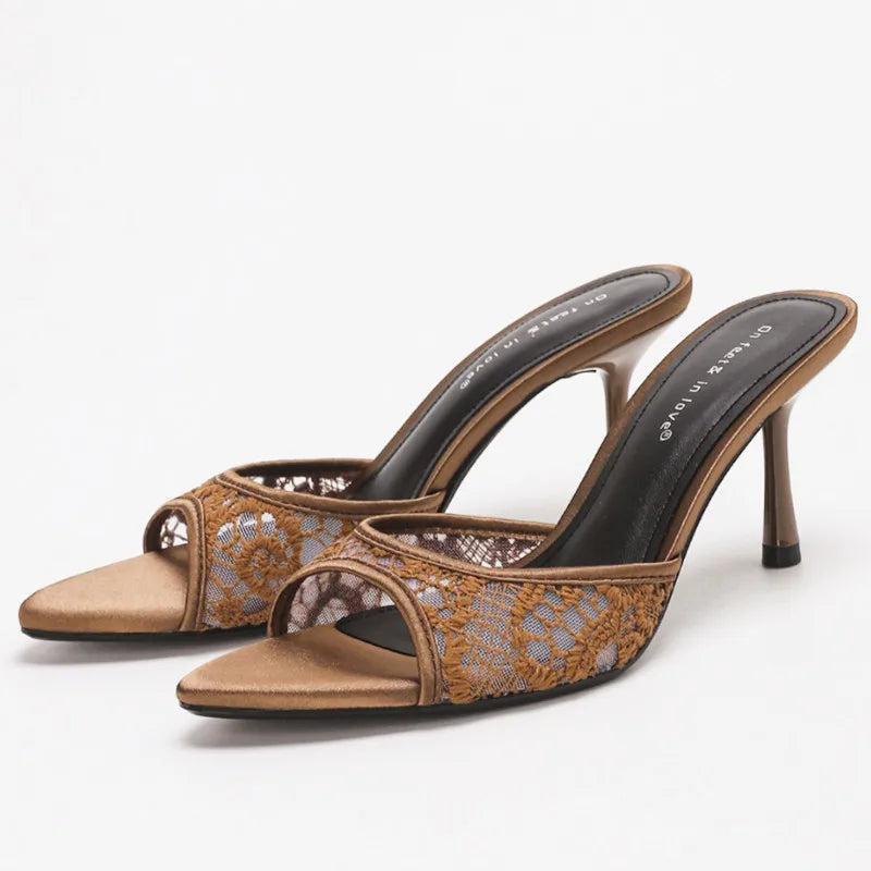 Zapatillas de mujer de tacón alto fino con bordado de malla elegante, sandalias deslizantes sexis con punta abierta y punta estrecha, zapatos cómodos de verano para mujer