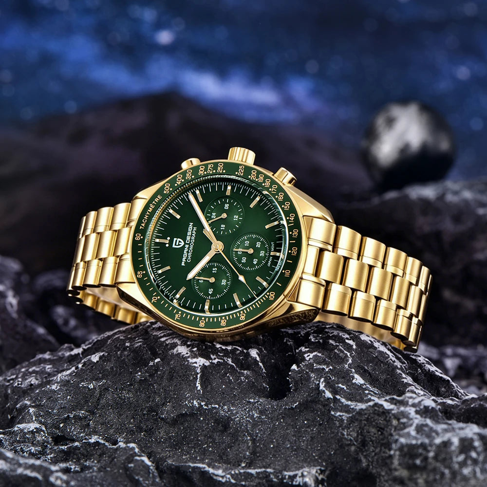 Relojes PAGANI DESIGN Moon para hombre, reloj de cuarzo de lujo dorado, cronógrafo deportivo, zafiro AR, resistente al agua, luminoso, regalo para hombre