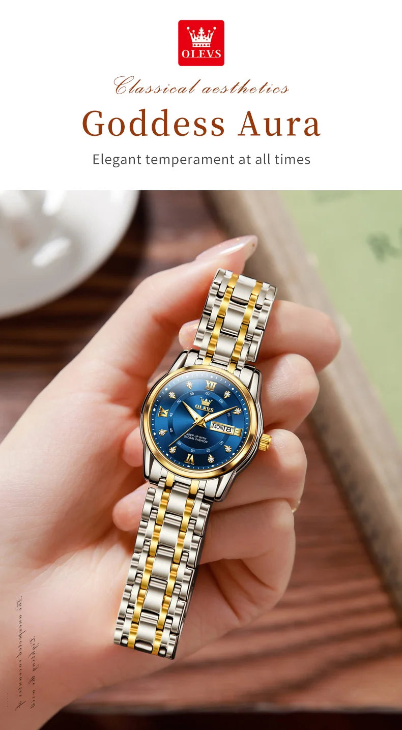 Relojes OLEVS para mujer, reloj de pulsera luminoso resistente al agua de acero inoxidable Original dorado a la moda, reloj clásico elegante para mujer con fecha
