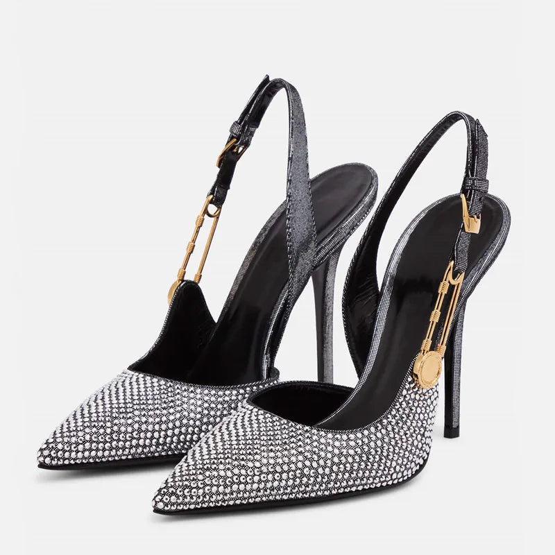 Zapatos de tacón de lujo con hebilla de lentejuelas y diamantes de imitación para mujer, zapatos de tacón alto de aguja con punta estrecha, zapatos de moda para primavera y verano