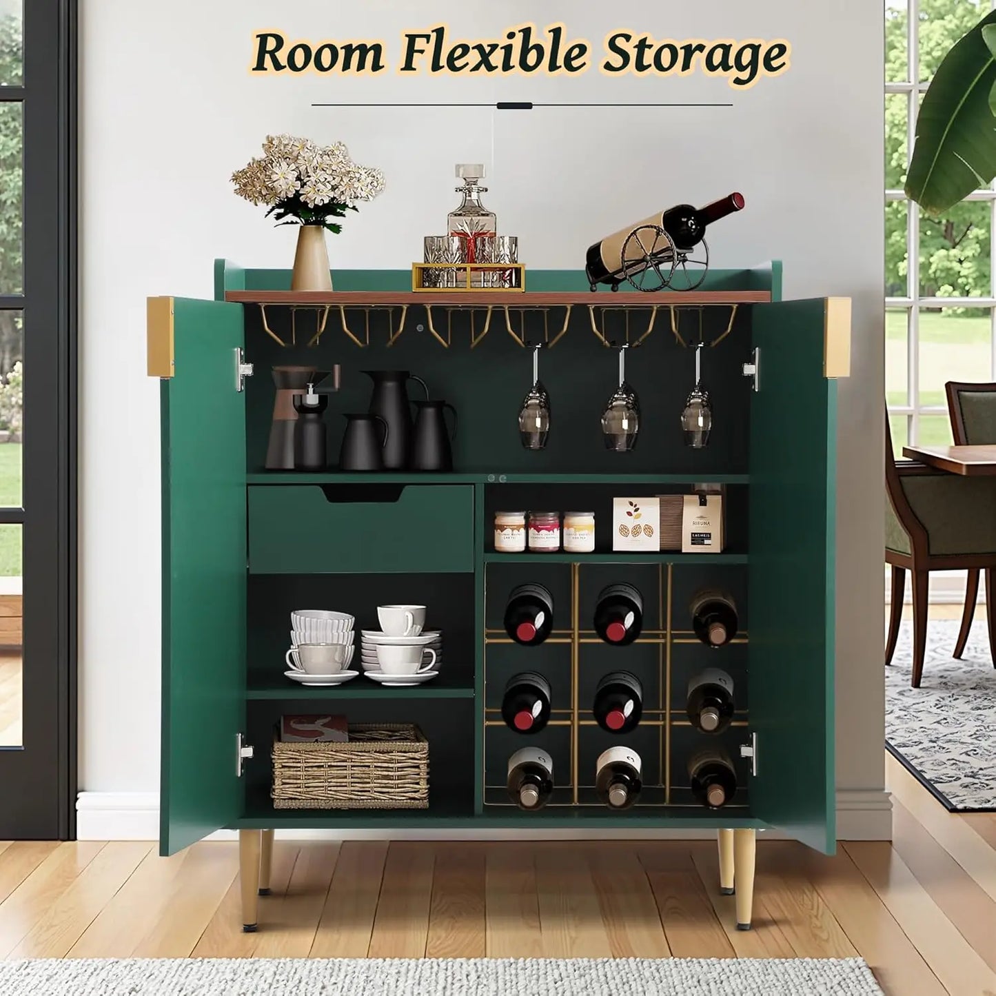 Mueble Bar para Café Verde, Mueble Buffet de 37 Pulgadas con Textura Acanalada, Mueble para Licores con Botelleros para el Hogar, Personalizable