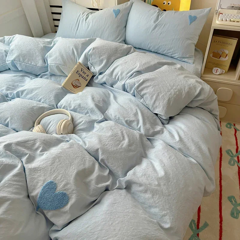 Juego de cama de algodón lavado, funda nórdica negra súper suave y fresca, toalla en forma de corazón, ropa de cama, fundas de edredón respetuosas con la piel, sábanas