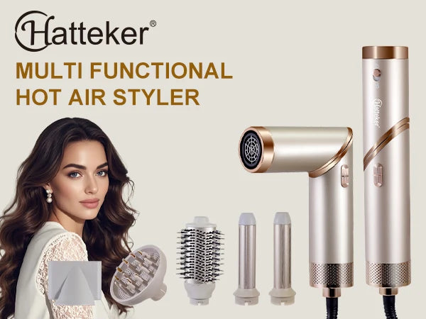 Secador de pelo plegable Hatteker para mujer, cepillo de aire caliente multifunción, estilizador de pelo liso y rizado, secador de viaje ligero