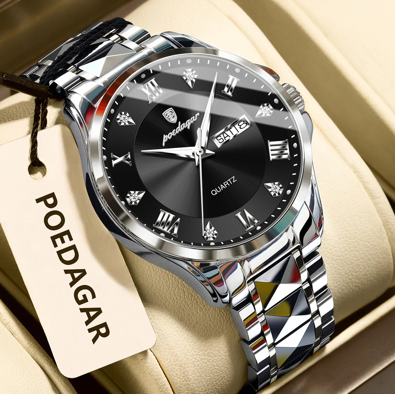 Reloj de pulsera POEDAGAR de lujo para hombre, Reloj luminoso resistente al agua con fecha y semana para hombre, relojes de negocios de acero inoxidable para hombre, Reloj de cuarzo para hombre