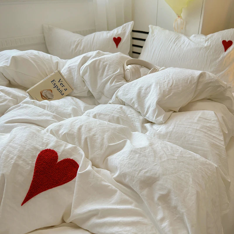Juego de cama de algodón lavado, funda nórdica negra súper suave y fresca, toalla en forma de corazón, ropa de cama, fundas de edredón respetuosas con la piel, sábanas