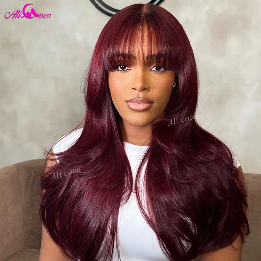 Pelucas frontales de encaje Borgoña 99j, cabello humano 13x4, peluca Frontal transparente con flequillo, prearrancado con cabello de bebé, densidad de 200