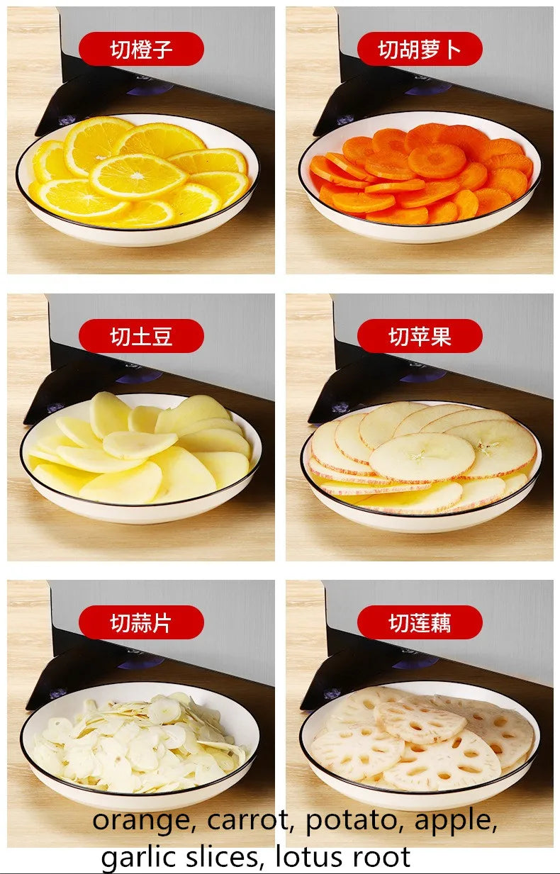 Rebanador de frutas comercial, rebanador eléctrico de acero inoxidable, rebanador multifuncional de patatas y limón y verduras