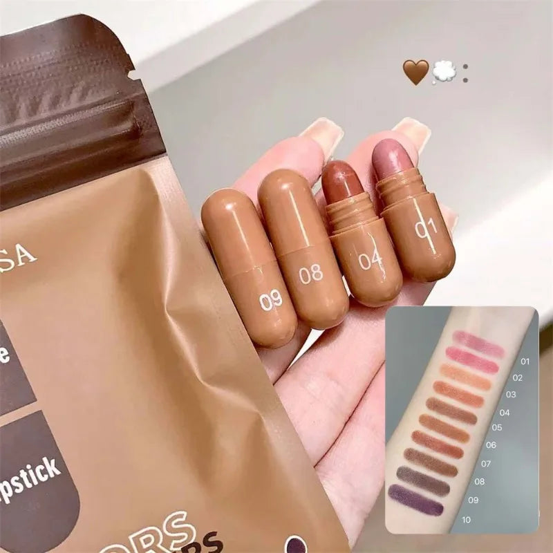 ‌ Set de 10 Labiales en Cápsula en Tonos Marrones, Acabado Mate y Suave ‌   Bálsamo Labial Mini de Larga Duración, Resistente a Manchas, Kit de Maquillaje Labial de Alta Pigmentación