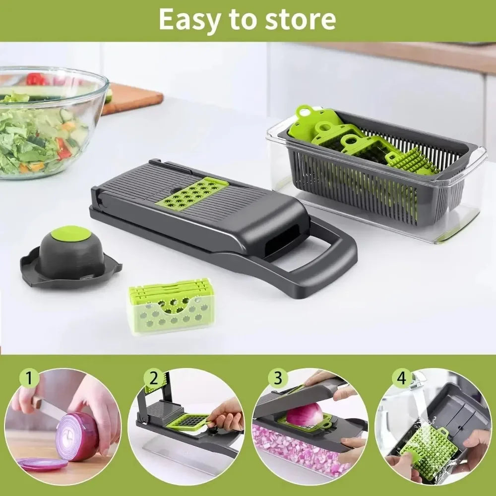 Picador de Verduras Multifuncional con Mango, 14/16 en 1, Rebanador, Cortador en Cubos, Rallador de Alimentos, Gadget de Cocina