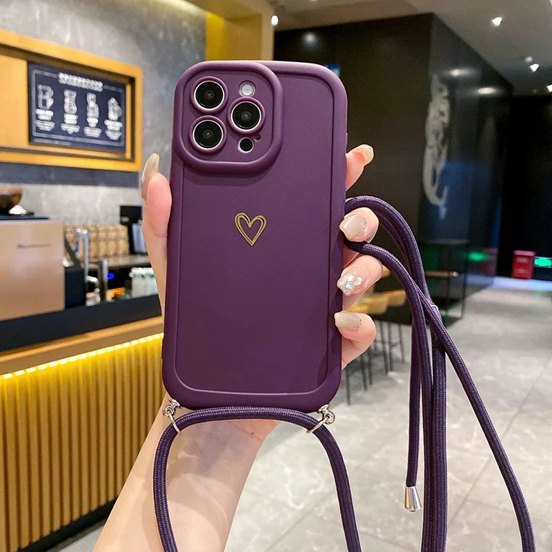 Fundas de teléfono Crossbody Love para IPhone 17 16 Pro Max 15 14 13 12 11 con funda trasera de silicona con cordón