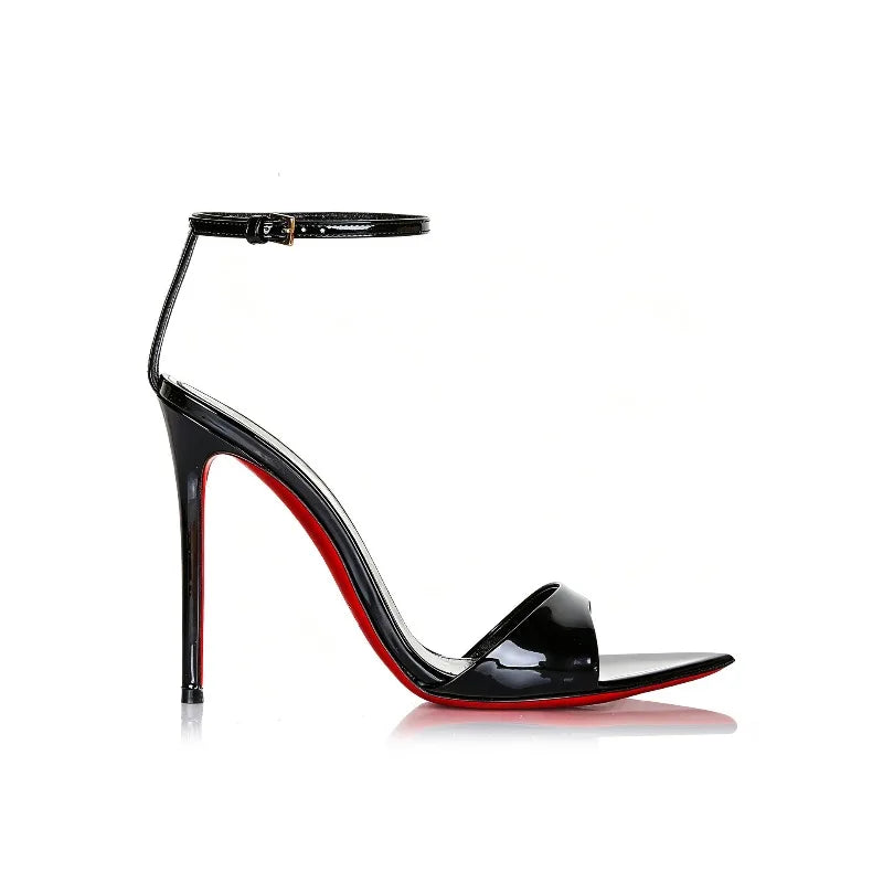 New Summer Black Lacquered Leather High Heels for Women with Thin Heels, Pointed and Sexy One Line Buckle, Large Fashion Sandals