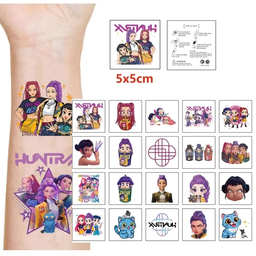 20 piezas/set de pegatinas de tatuajes temporales de dibujos animados Kpop Damon Hunters Rumi Kang, pegatinas de tatuajes de demonios Rumi para regalos de fiesta