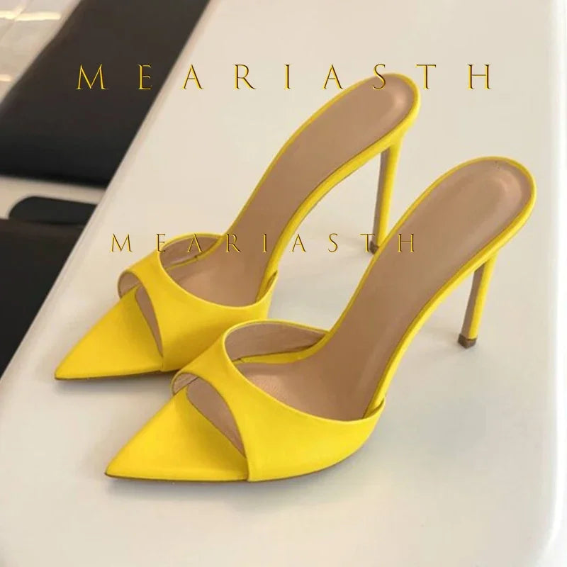 Mulas de cuero de Color caramelo para mujer, zapatos de tacón alto fino con punta abierta y punta abierta, zapatillas modernas sexis para fiesta para primavera y verano