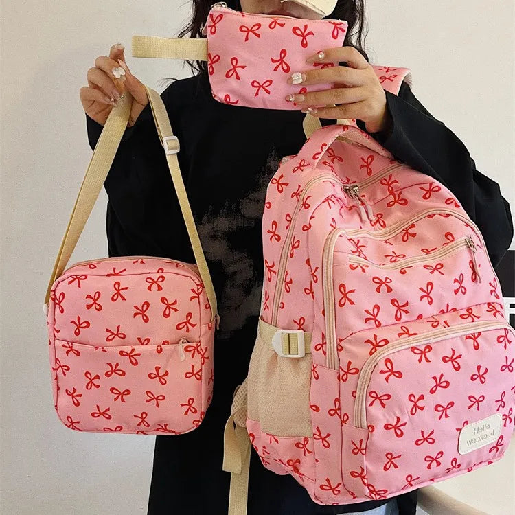Juego de 3 Bolsas Escolares con Lazo, Mochila de Gran Capacidad, Mochila Casual de Viaje, Mochila Versátil, Bolsa Cruzada, Bolsas para Niñas