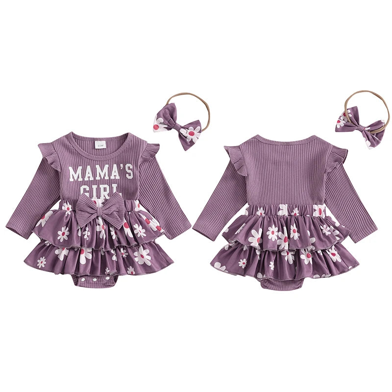 Conjunto de ropa para niña de 0 a 18 meses, pelele con estampado de flores y letras de manga larga, diadema con lazo, conjunto de ropa para niña pequeña