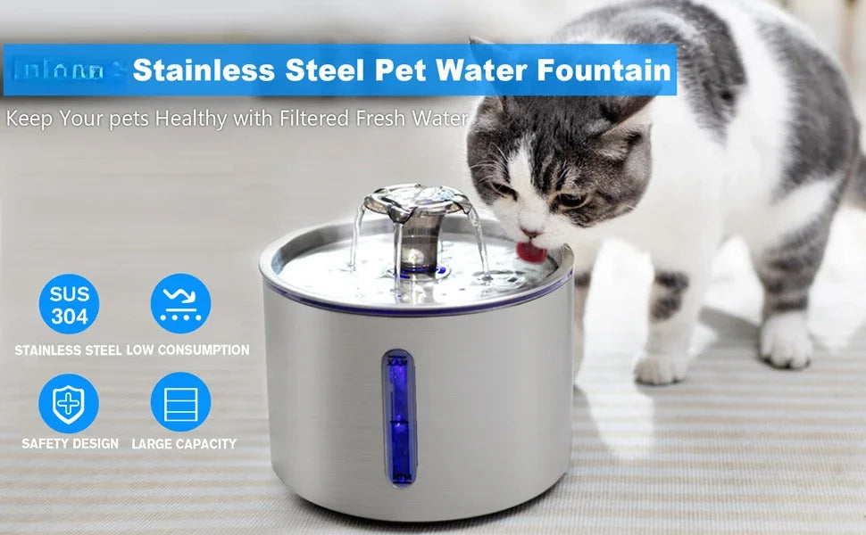 Fuente de agua automática para mascotas de 2,5 L con luz LED, ventana visible y antideslizante, dispensador de agua de filtración múltiple para perros y gatos