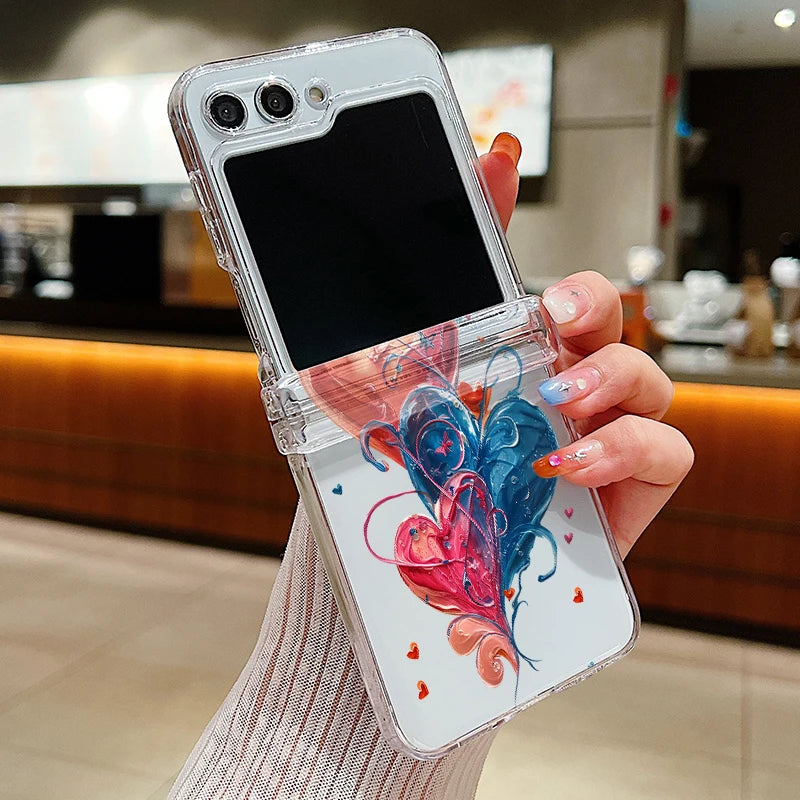 Funda de teléfono transparente con diseño de flor de amor para Samsung Galaxy Z Flip7 FE Flip 7 6 5 4 3 5G Flip5 Flip6, funda dura para PC a prueba de golpes
