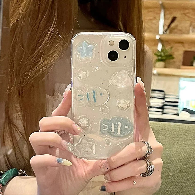Ocean Shell Pequeño Pez Adecuado para iPhone 15 Pro Max Funda de teléfono 14 13 Pro 11 Anti Gota 12 Funda protectora