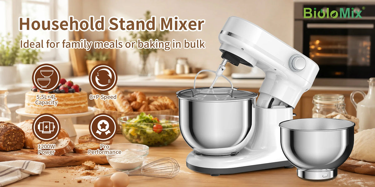 Batidora de Pedestal BioloMix de Doble Tazón y 8 Velocidades – Tazones Intercambiables de 5.5L y 4L, Batidor de Varillas, Gancho Amasador y Batidor Plano