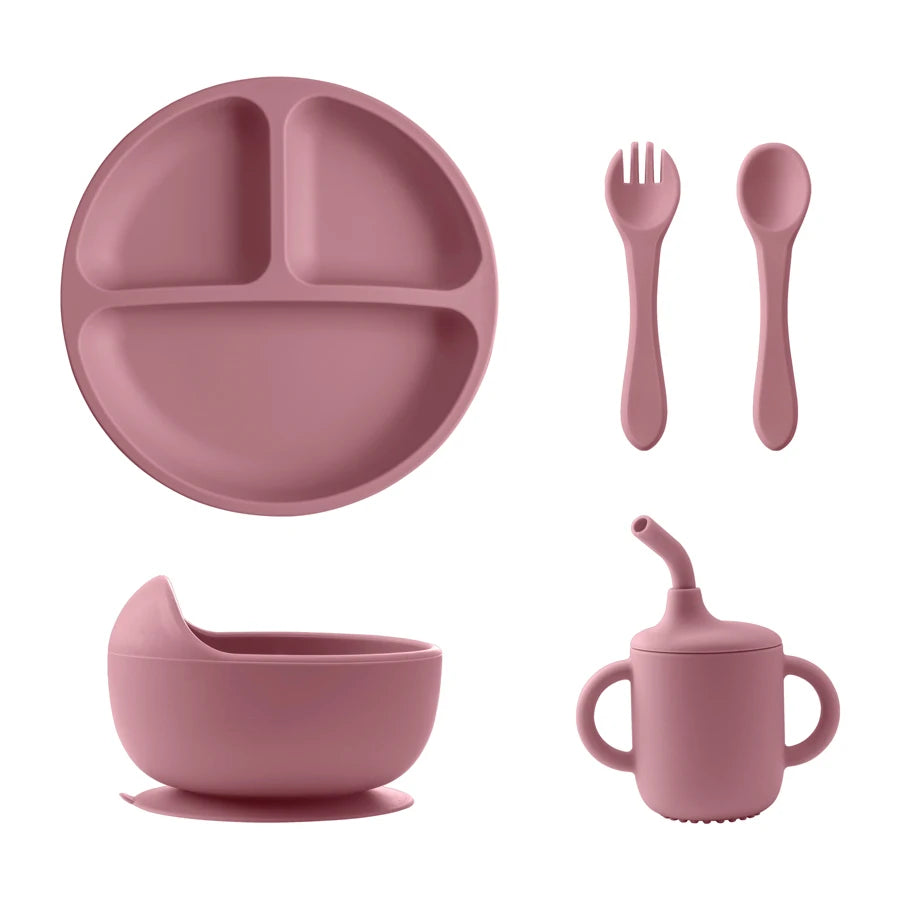 Juego de vajilla de silicona para bebé, plato con ventosa, utensilios suaves, taza para sorber, juegos de entrenamiento de alimentación para bebé, 5 uds.
