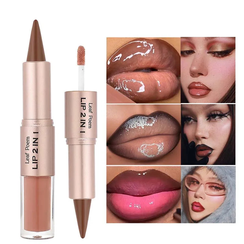 Lápiz Delineador de labios mate 2 en 1 de doble cabeza, resistente al agua, antiadherente, brillo de espejo, tinte de labios, brillo de labios marrón, maquillaje de lápiz labial
