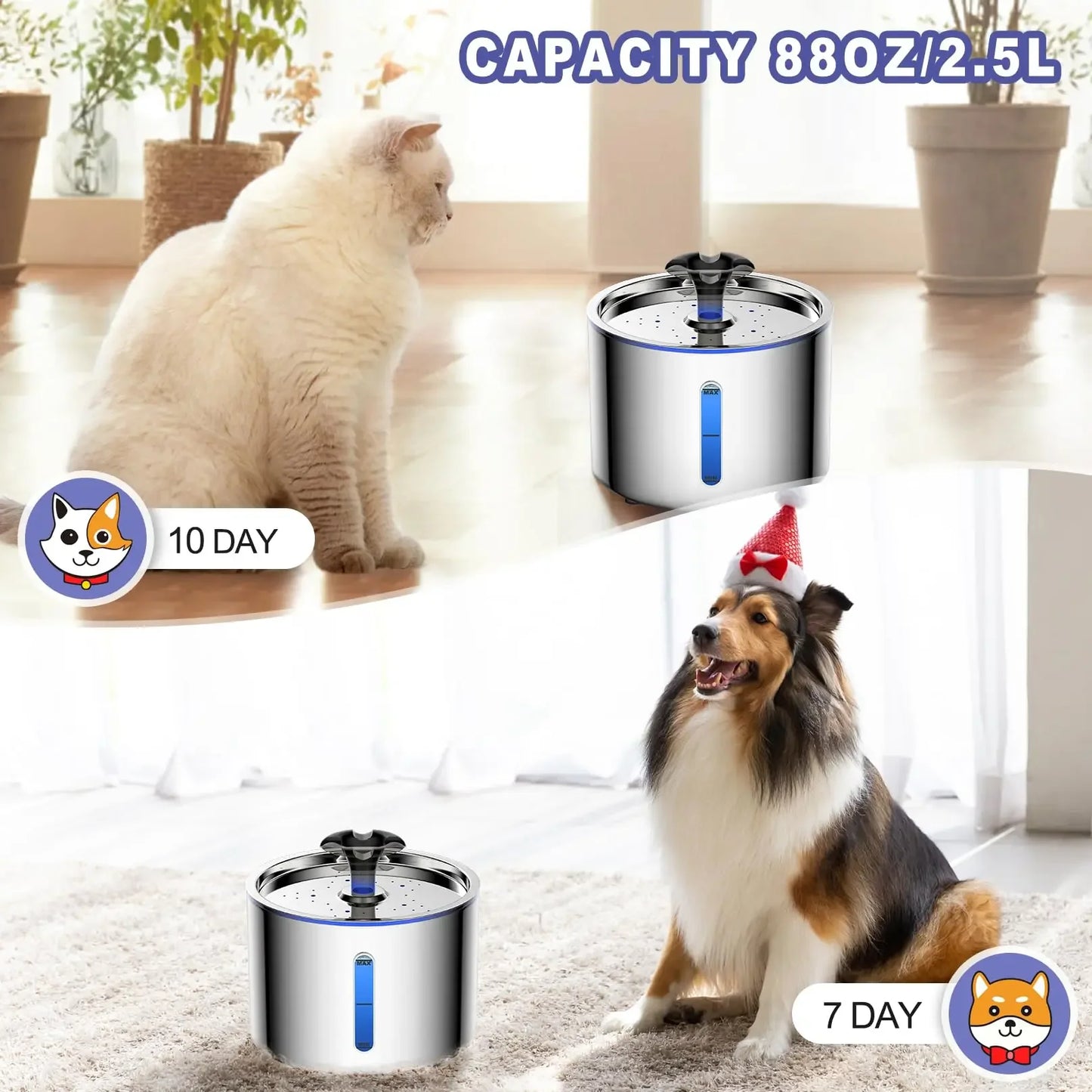 Fuente de agua automática para mascotas de 2,5 L con luz LED, ventana visible y antideslizante, dispensador de agua de filtración múltiple para perros y gatos
