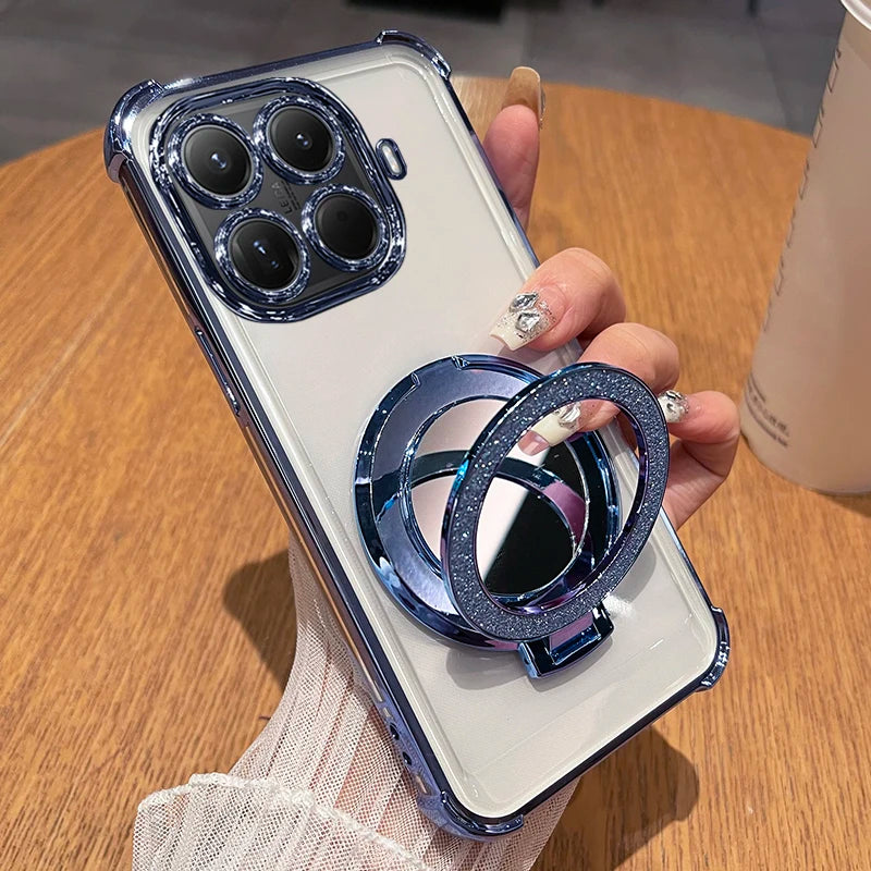 Funda con Soporte Magnético y Espejo Brillante para Xiaomi 15T Pro 17T Pro, Funda Protectora de Silicona Suave con Revestimiento para Xiaomi 17 Max