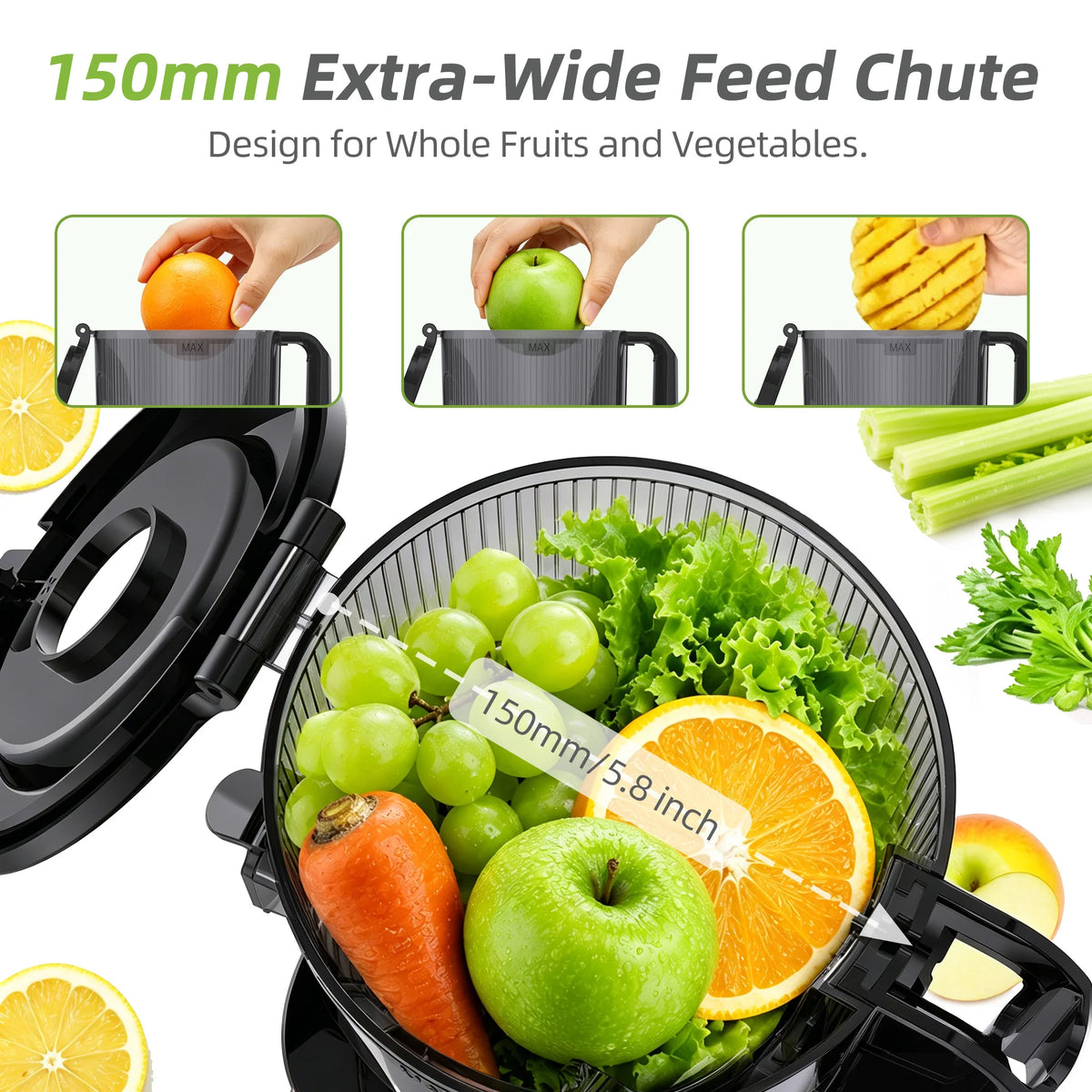 Extractor de Jugos Eléctrico Multifunción 3 en 1 BioloMix – Toma de Alimentación Ancha de 150 mm, Motor de 300 W con Pantalla Digital para Jugos Ricos en Nutrientes
