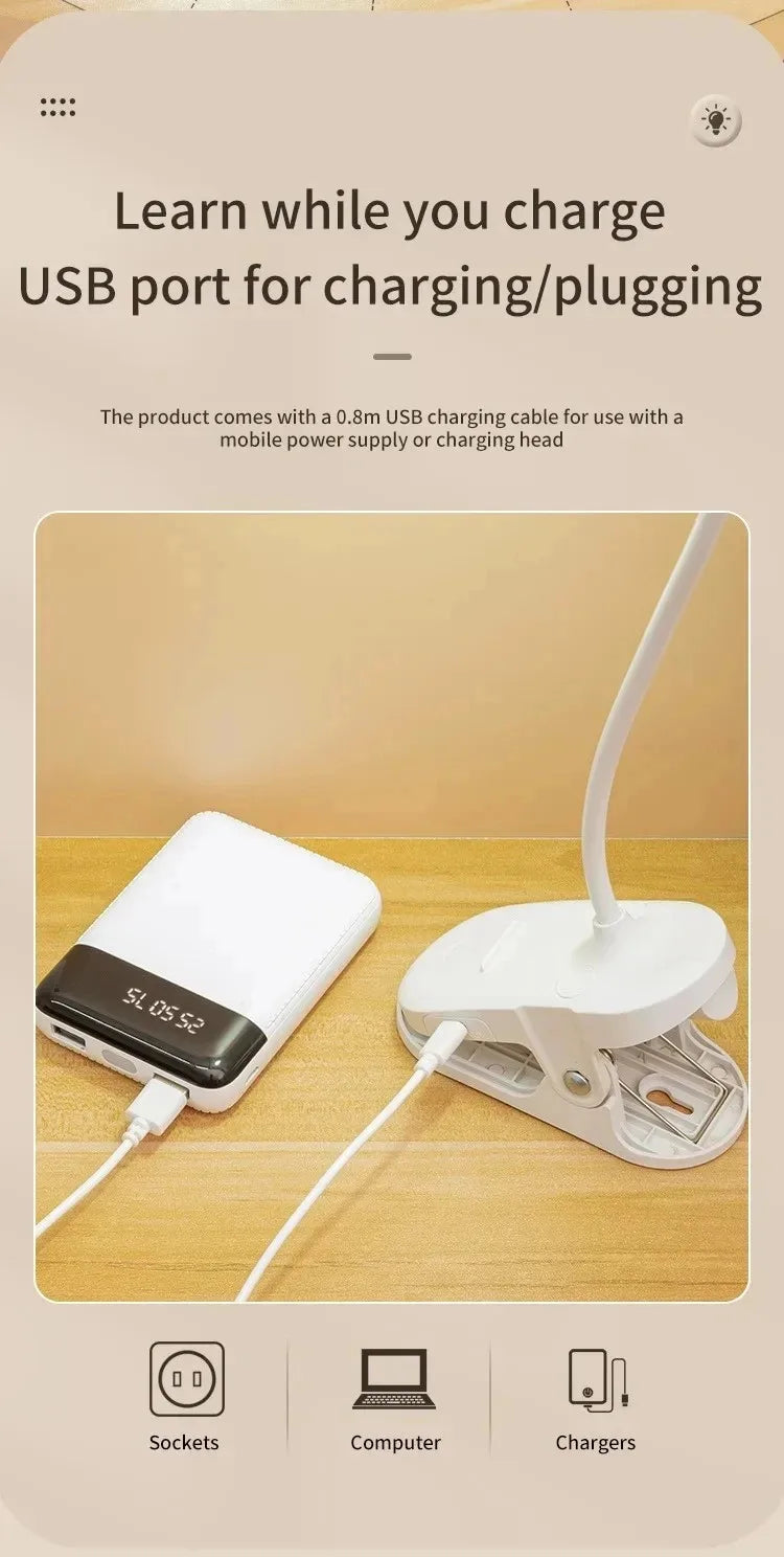 Lámpara de mesa Led, luz nocturna recargable por USB con abrazadera plegable, soporte de estudio, lámpara de lectura táctil, 3 modos de atenuación, luz de protección ocular