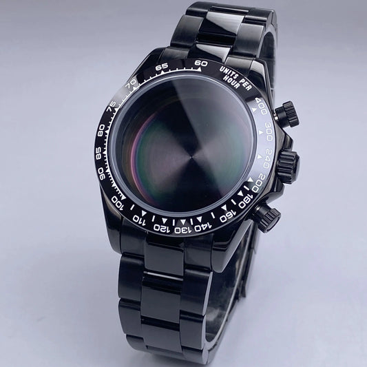Caja VK63 Negra de 39 mm, Acero Inoxidable, Cristal de Zafiro Plano, Resistente al Agua, Compatible con Esferas de 29 mm-30 mm, Piezas de Caja para Reloj con Movimiento VK63