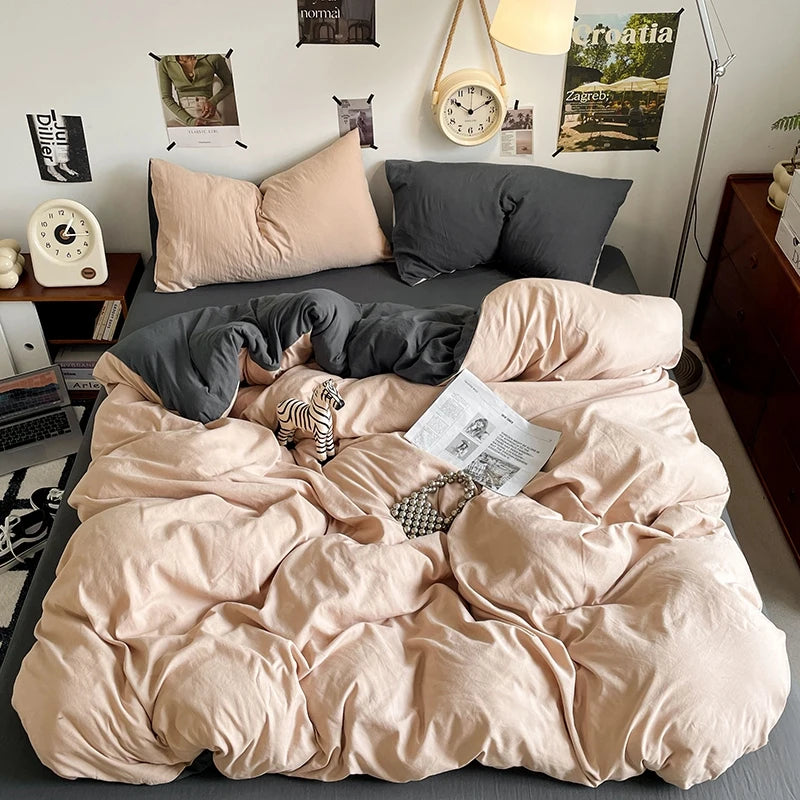 Funda nórdica de poliéster para dormitorio, juego de ropa de cama de 3 piezas, Color liso, rosa y gris, 2 fundas de almohada