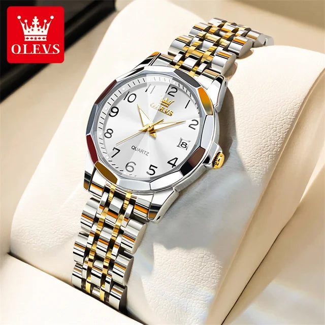OLEVS 9970 reloj de lujo para parejas, reloj de pulsera con calendario resistente al agua de acero inoxidable para hombres y mujeres, reloj para amantes del espejo con rombos y esfera Digital