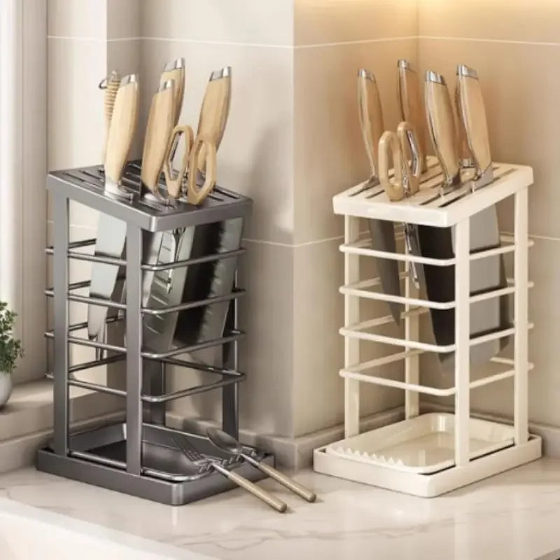 Computador de encimera de cocina: estante para platos multifunción, soporte para cuchillos y almacenamiento de herramientas con bandeja de drenaje