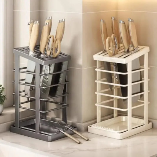 Computador de encimera de cocina: estante para platos multifunción, soporte para cuchillos y almacenamiento de herramientas con bandeja de drenaje