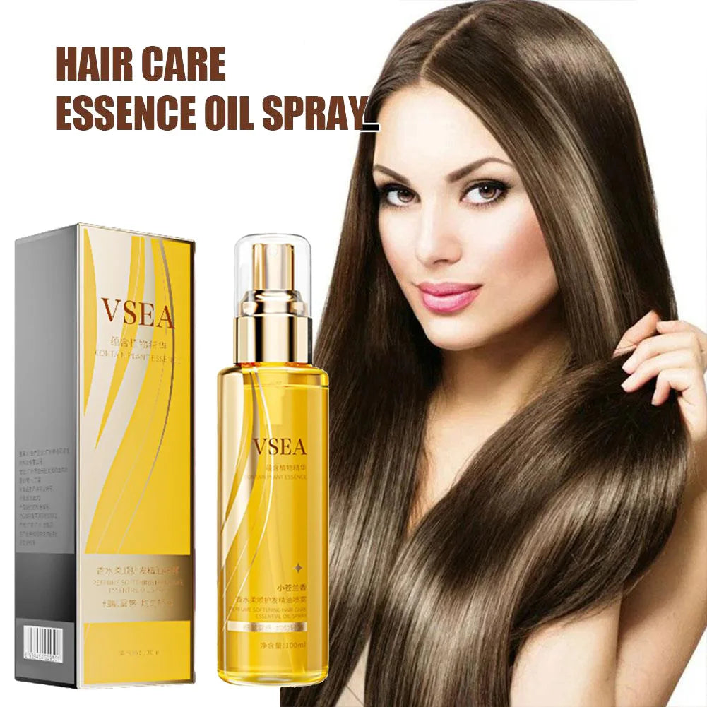 Spray de aceite esencial para el cuidado del cabello de 100 ml para mujeres, anti-frizz, control de encrespamiento, brillo, fragancia, acondicionador sin enjuague.