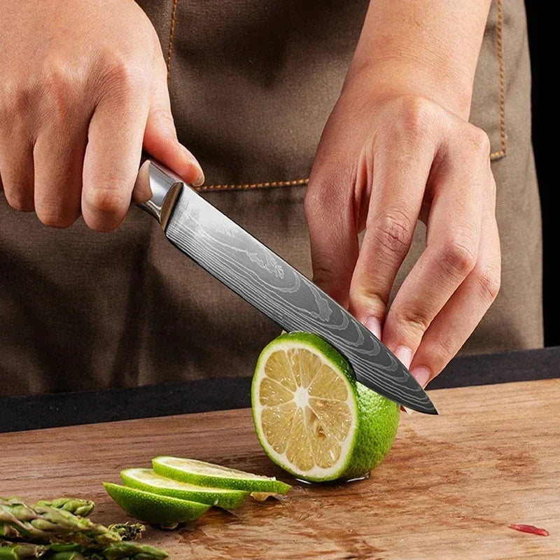 Juego de cuchillos de cocina con láser Damasco Santoku, cuchillo de utilidad, cuchillo de Chef profesional, cuchillo de carnicero, accesorios de cocina, 3 uds.