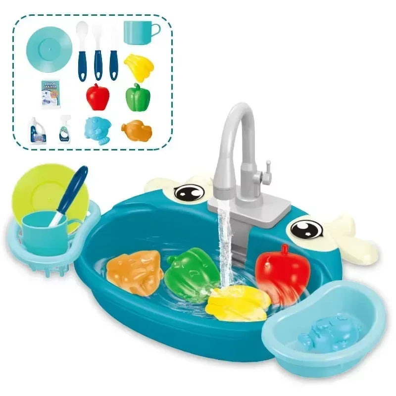 Juego de Cocina Infantil con Fregadero Simulado, Lavabo y Circulación de Agua Eléctrica, Juguete para Niños y Niñas, Juego de Roles