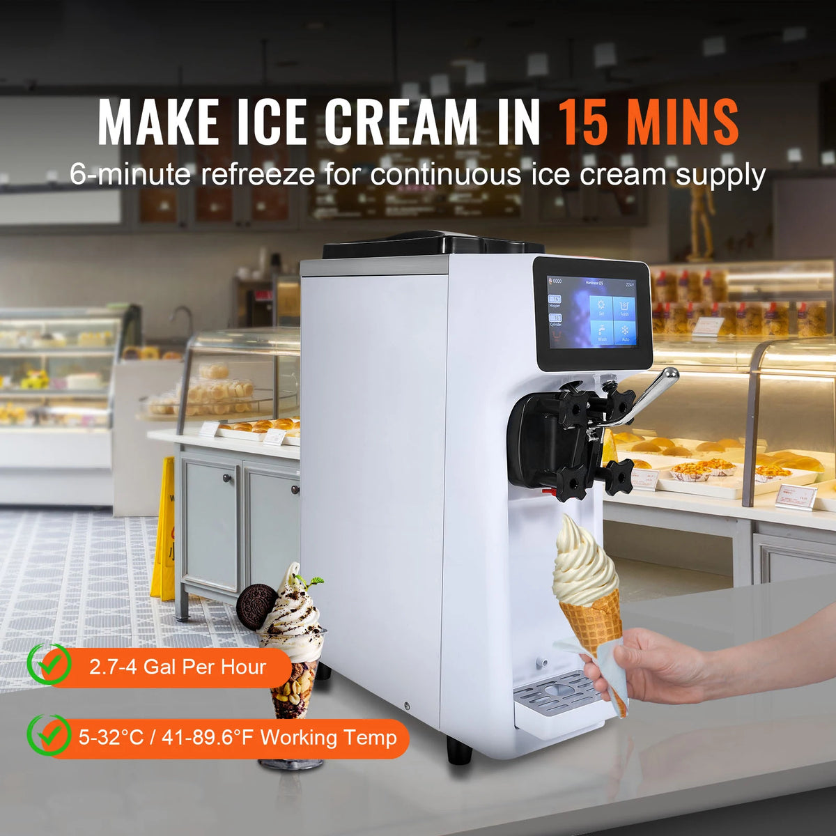 SucceBuy Máquina de Helado Comercial de 4L, de un Solo Sabor, para Mostrador, con Pantalla Táctil, Autolimpieza y Preenfriamiento
