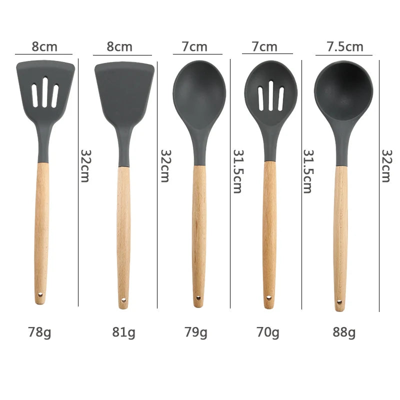 Juego de utensilios de cocina de silicona resistentes a altas temperaturas, pala con mango de madera, cuchara con fugas, herramienta, utensilio de cocina, accesorios para hornear