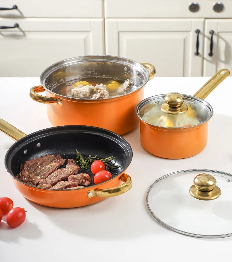 Juego de Ollas de Acero Inoxidable de 12 Piezas, Olla para Sopa, Sartén Antiadherente, Olla para Leche con Asa Dorada