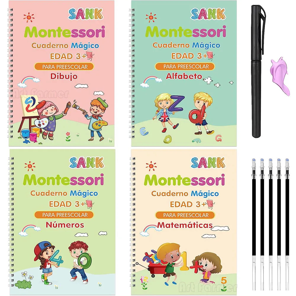 Juego de 4 Cuadernos de Práctica de Caligrafía Mágica Montessori en Español, Reutilizables, para Trazar el Alfabeto, Números, Matemáticas y Dibujo