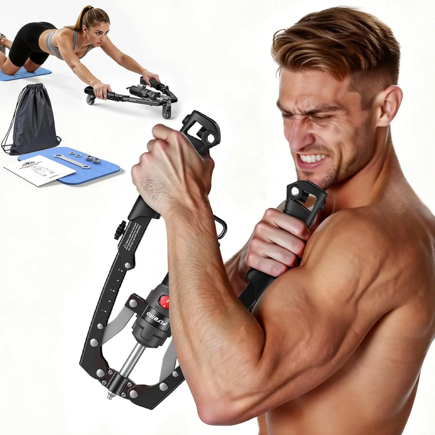 FLYBIRD Entrenador de Brazos 3 en 1 con Rueda Abdominal, Potencia Hidráulica Ajustable de 22-440 lbs para Pecho, Hombros, Antebrazos y Tríceps