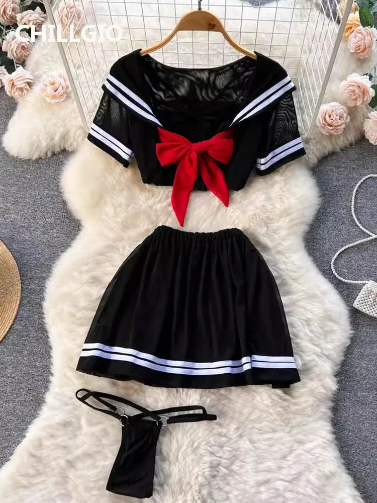 CHILLGIO-Conjunto de pijama con falda de malla transparente para mujer, ropa de dormir, lencería erótica de moda, estilo Preppy japonés