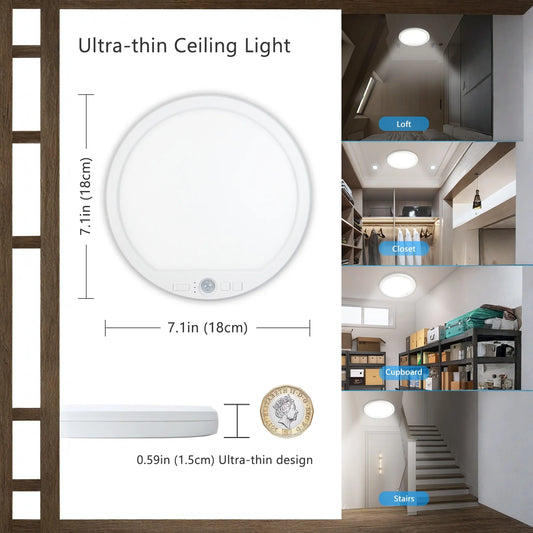 Lámpara de Techo LED Ultrafina con Sensor de Movimiento, Recargable por USB, 3 Colores, Regulable, Control Remoto Inalámbrico