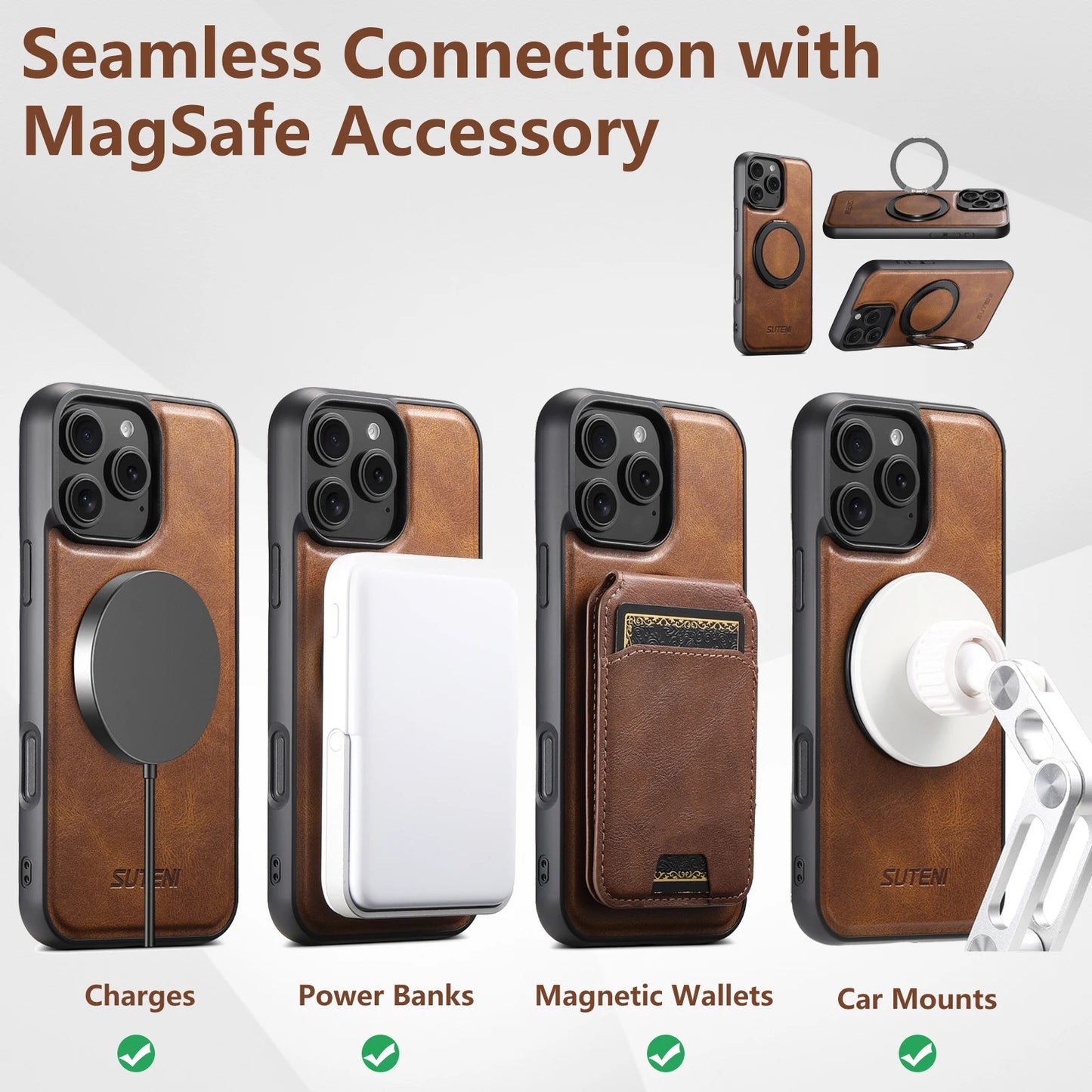 Carga inalámbrica MagSafe compatible con magnético fuerte 360 °   Funda de teléfono de cuero PU con soporte de anillo giratorio para iPhone 17 16 15 14 13 12