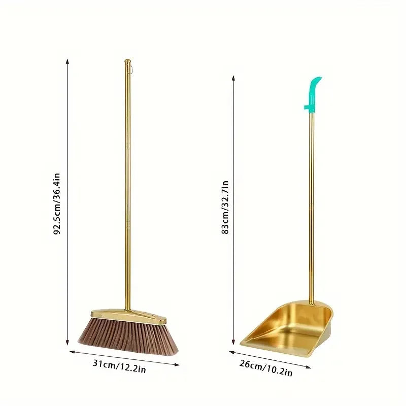 Juego de escoba y recogedor de acero inoxidable dorado, modelo básico, recogedor para exteriores, recogedor para restaurantes, escoba para limpieza de suelos, recogedor de pie, recogedor para jardín, para el hogar y la ofic