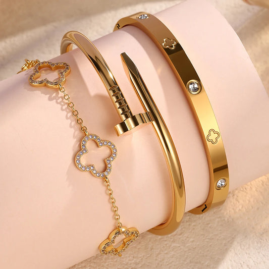 Pulsera de Acero Inoxidable Chapada en Oro con Cuatro Flores Apiladas, Brazaletes Brillantes con Circonita, Regalo de Joyería para Parejas