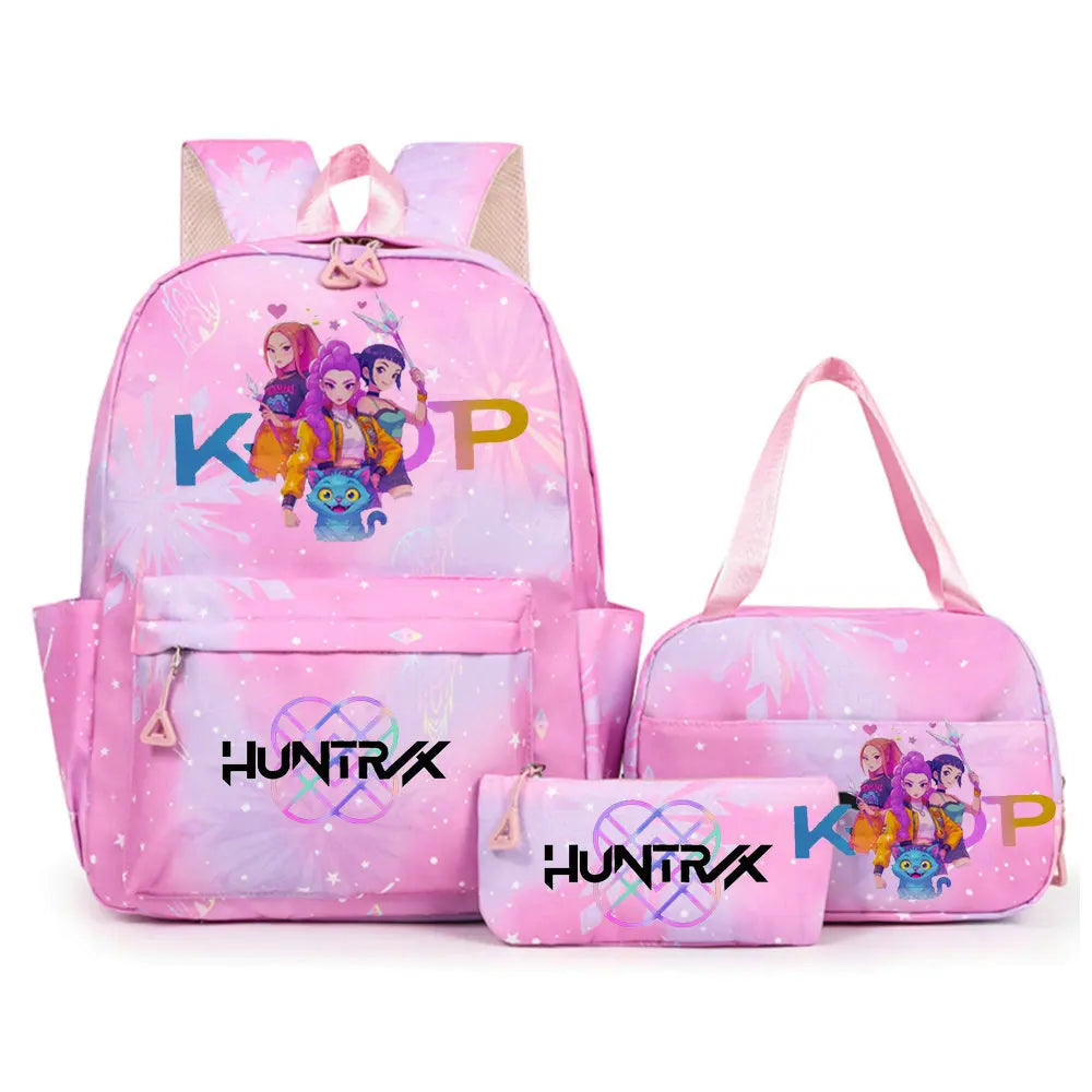 Conjunto de mochila con estampado de KPop Demon Hunters con bolsa para el almuerzo y estuche para lápices, mochila para exteriores de gran capacidad, ligera y transpirable